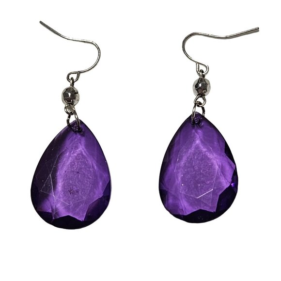 Retro Purple Faceted Teardrop Crystal Dangle Earrings 80s Fashion Jewelry Women - Picture 1 of 3